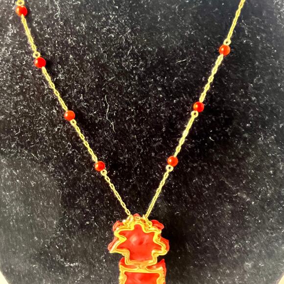 Y2K Joan Rivers Coral Enamel Pendant Necklace Gold Tone Chain Retro Rhinestone - Picture 7 of 13